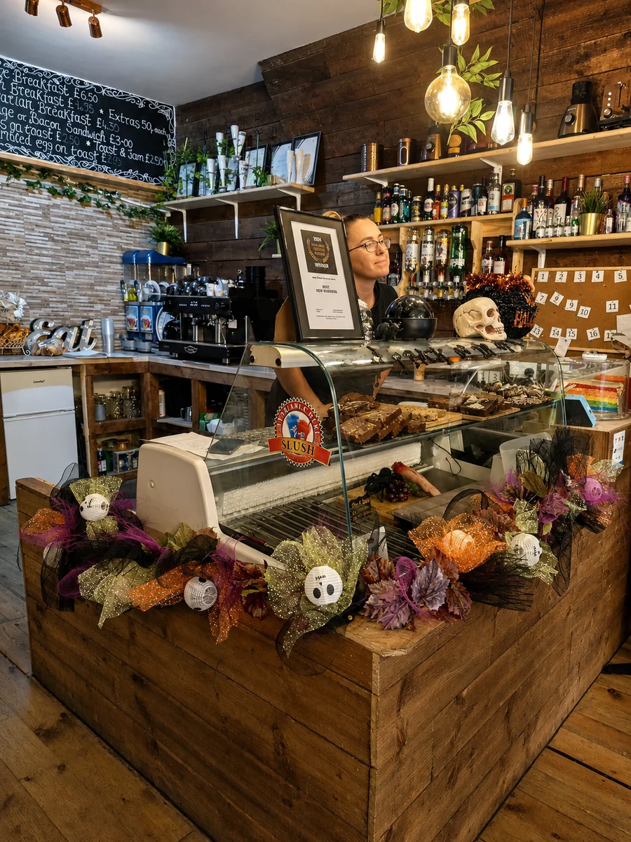 The Daisy Mill Coffee Shop counter, display cabinet and bar shelves