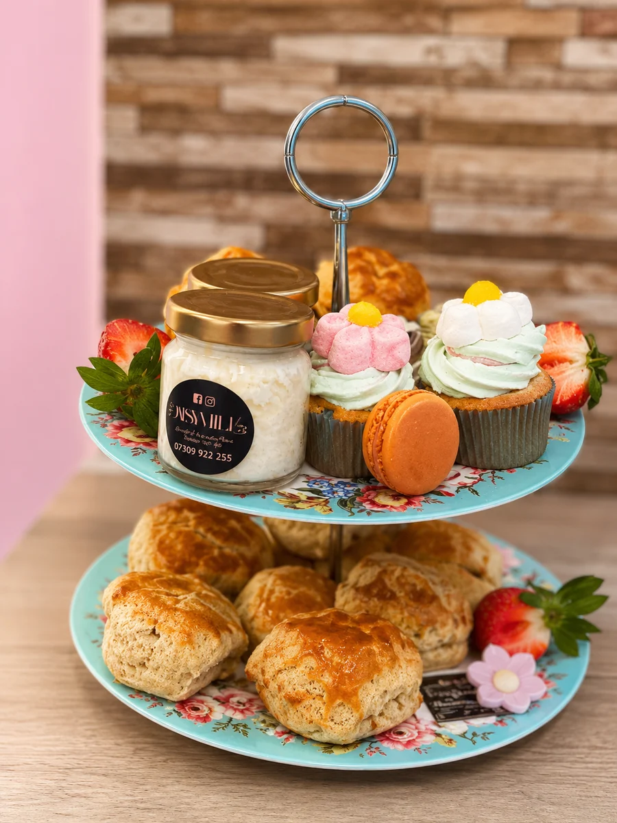Cakes, cupcakes, scones and fruit on a tiered stand