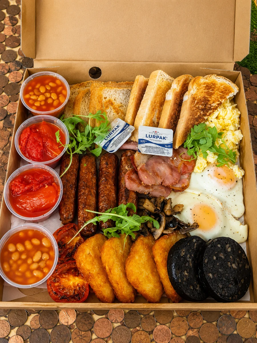 Breakfast box with eggs, sausages, toast, beans and tomatoes