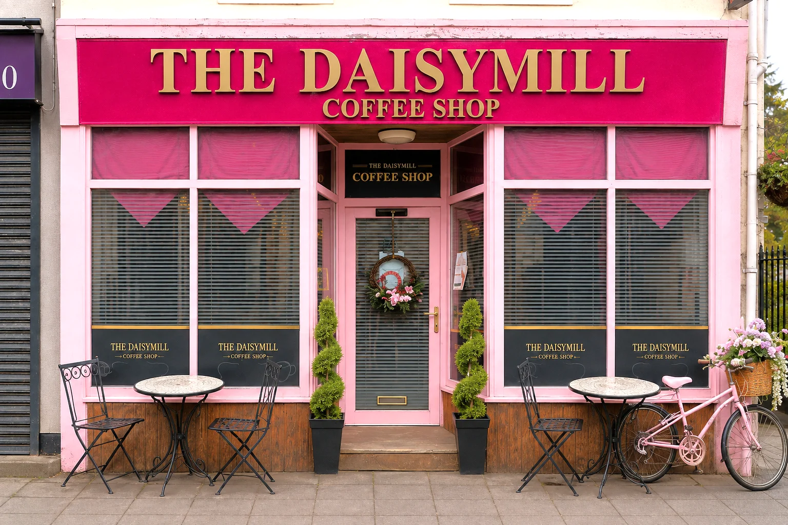 Pink storefront of The Daisymill Coffee Shop on High Street North